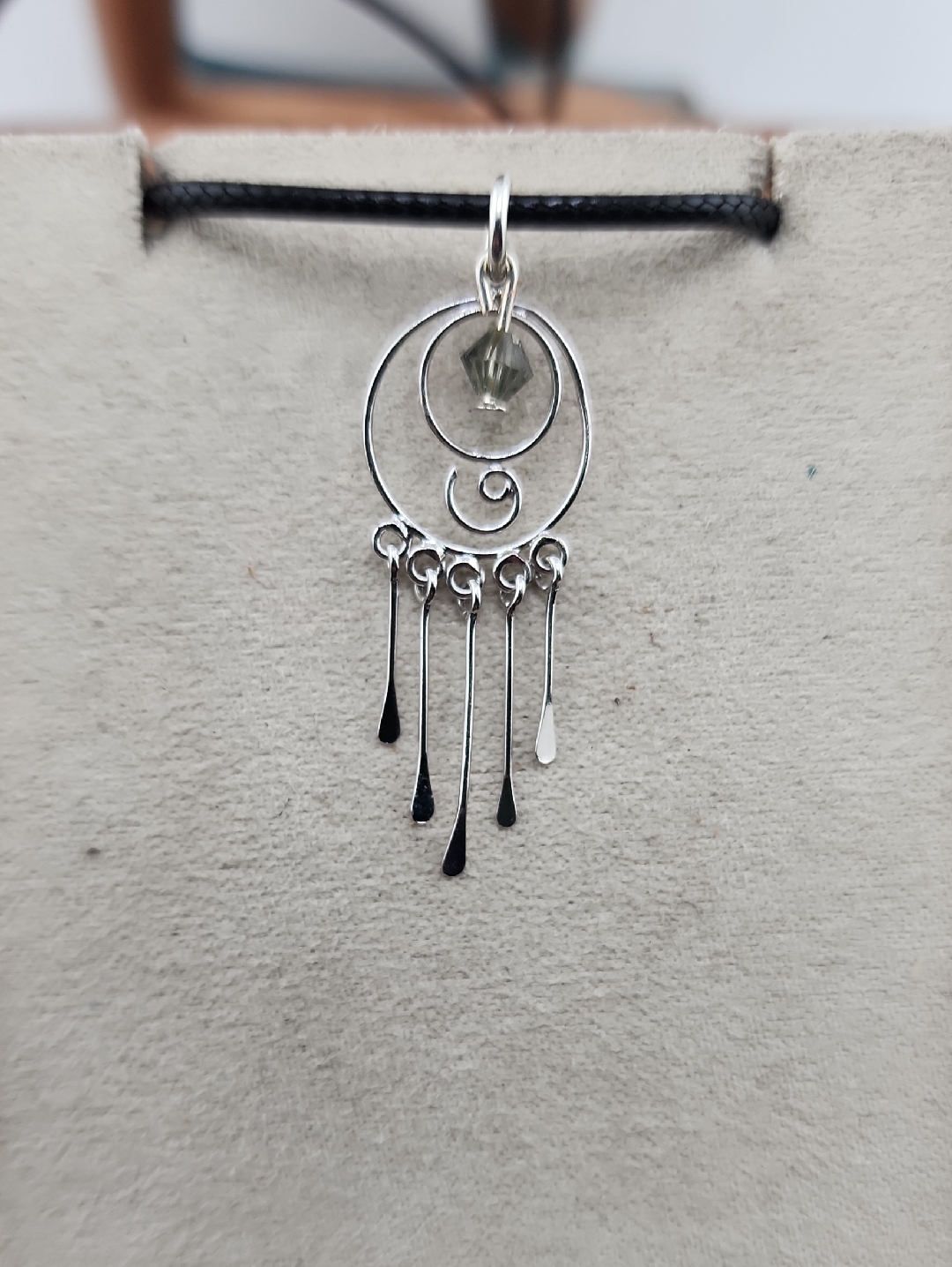 Handcrafted Silver Spiral Fringe Necklace With Smoky Gray Bead